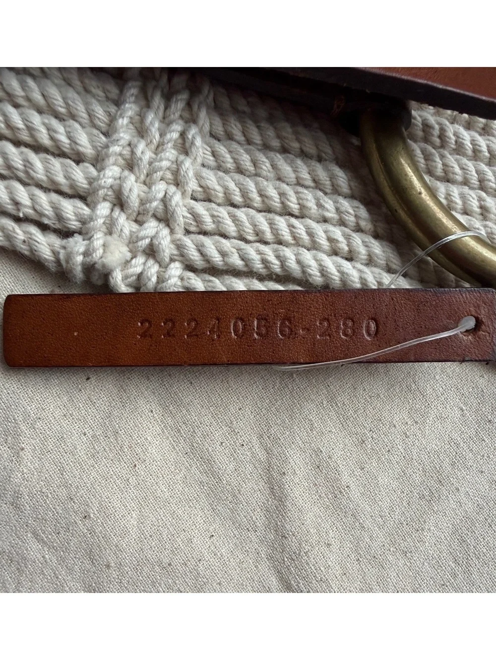 Wide Cream Rope Belt with Brass Rings and Brown Leather Strap